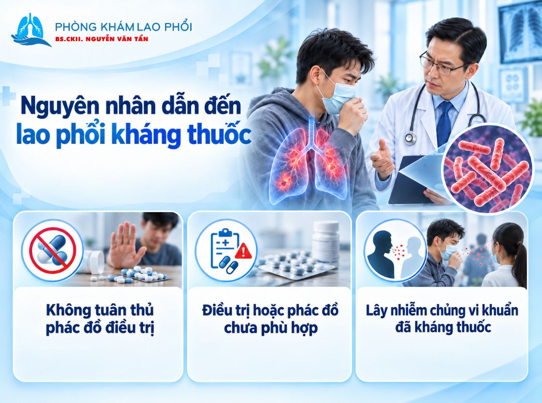 Lao phổi kháng thuốc chủ yếu do điều trị không đúng hoặc lây nhiễm vi khuẩn kháng thuốc 