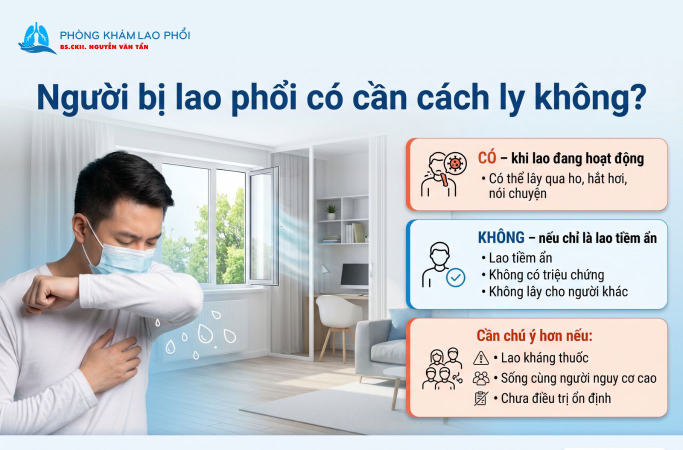 Người bị lao phổi hoạt động cần cách ly, nhất là trong giai đoạn đầu điều trị
