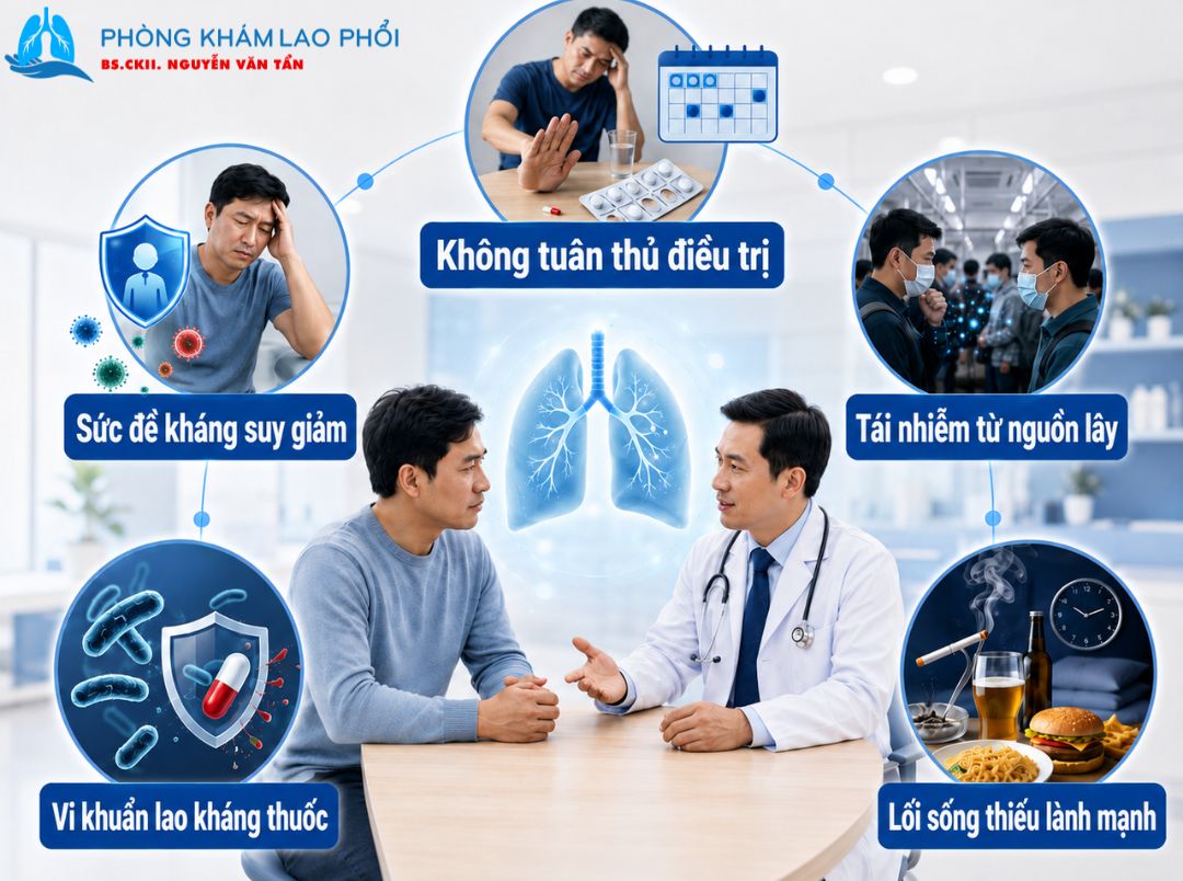 Các nguyên nhân gồm điều trị chưa hiệu quả, suy giảm miễn dịch và tái nhiễm