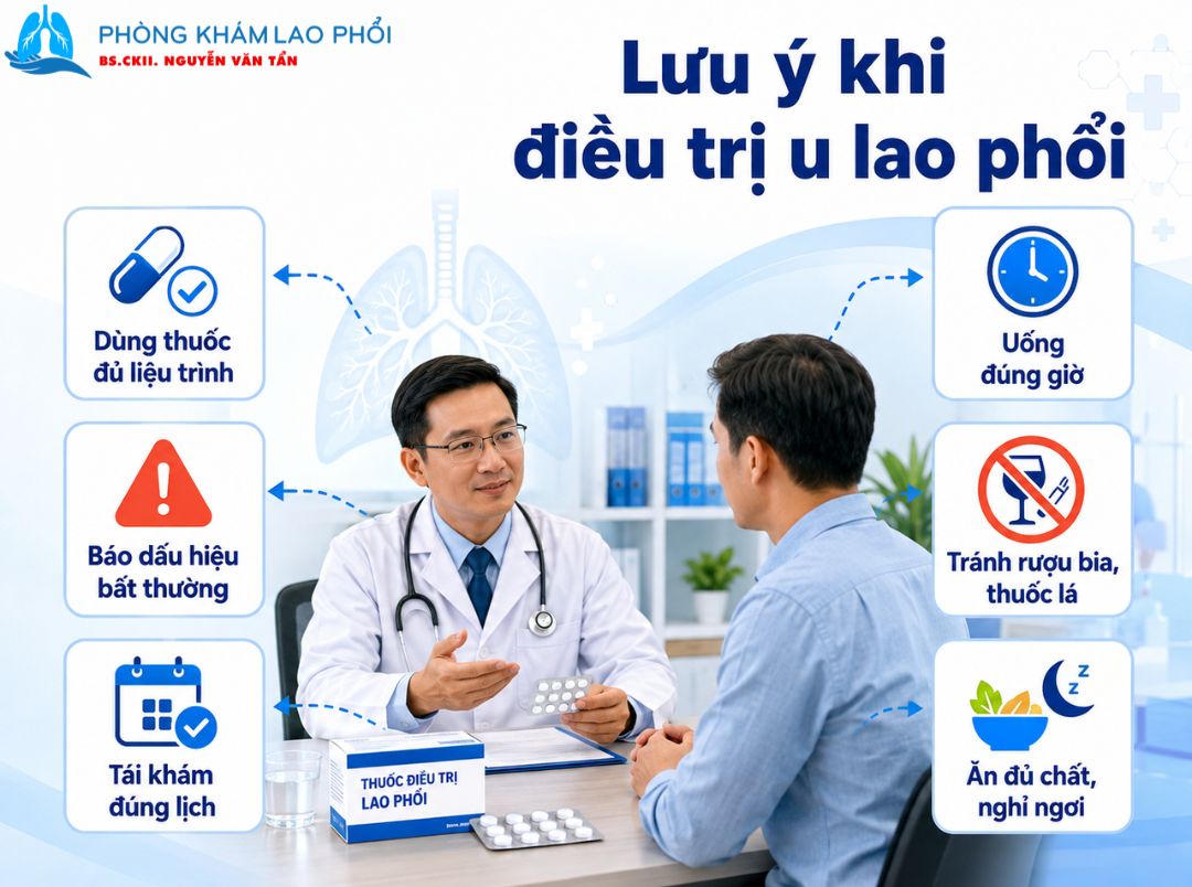 Điều trị u lao ở phổi cần đúng phác đồ, tái khám đều và ăn uống, nghỉ ngơi hợp lý