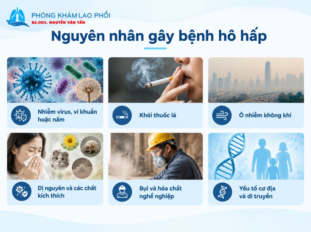 Bệnh hô hấp có thể do nhiễm trùng, khói thuốc, ô nhiễm, dị nguyên, hóa chất hoặc yếu tố di truyền