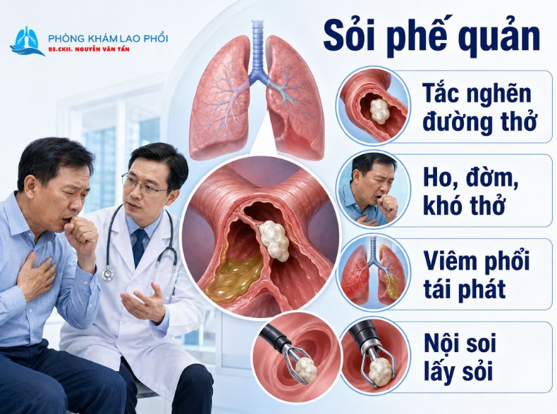 Khi sỏi xuất hiện trong phế quản, tình trạng tắc nghẽn và viêm phổi tái phát có thể xảy ra
