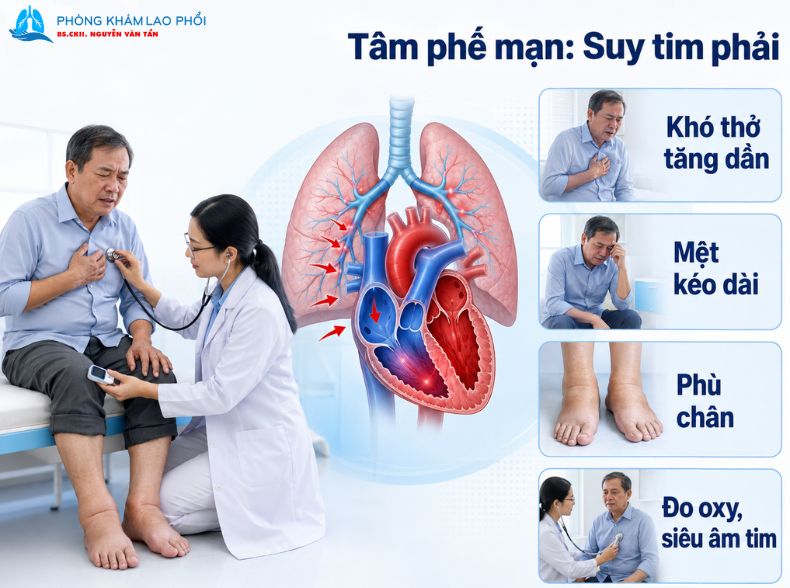 Tổn thương phổi kéo dài có thể làm tăng áp lực mạch phổi, gây suy tim phải và phù chân