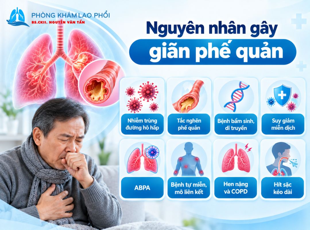 Nhiễm trùng, tắc nghẽn đường thở và một số bệnh lý có thể dẫn đến giãn phế quản