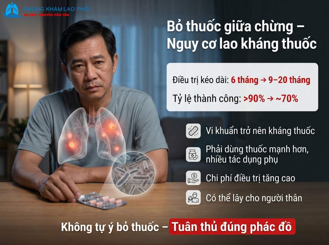 Bỏ thuốc lao giữa chừng không chỉ khiến bệnh quay lại mà còn tạo ra lao kháng đa thuốc