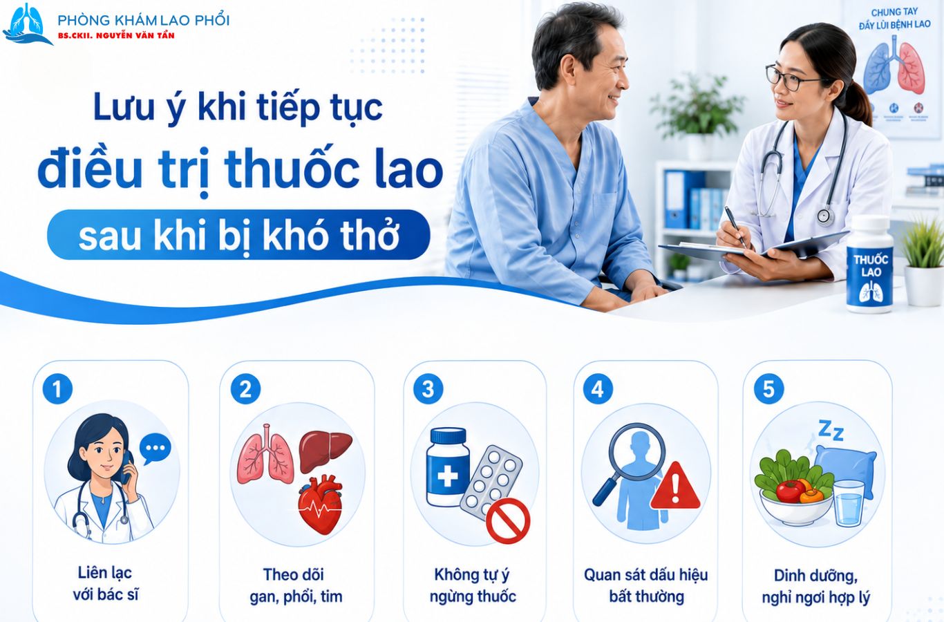 Sau khi tình trạng khó thở đã được kiểm soát, bệnh nhân tiếp tục dùng thuốc theo hướng dẫn, theo dõi và không tự ý đổi thuốc