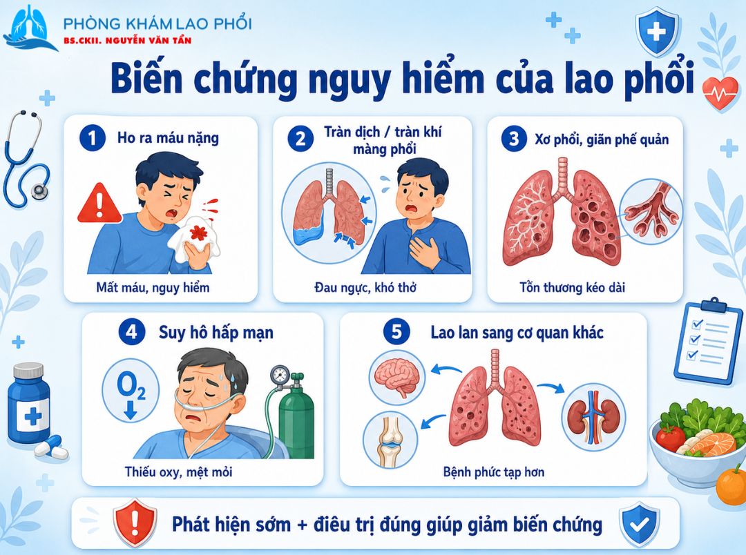 Lao phổi có thể gây ho ra máu, tràn khí màng phổi, xơ phổi, suy hô hấp và lan sang cơ quan khác